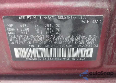 2012 Subaru Legacy 2.5I Premium from USA, damaged, VIN 4S3BMAG68C1027538